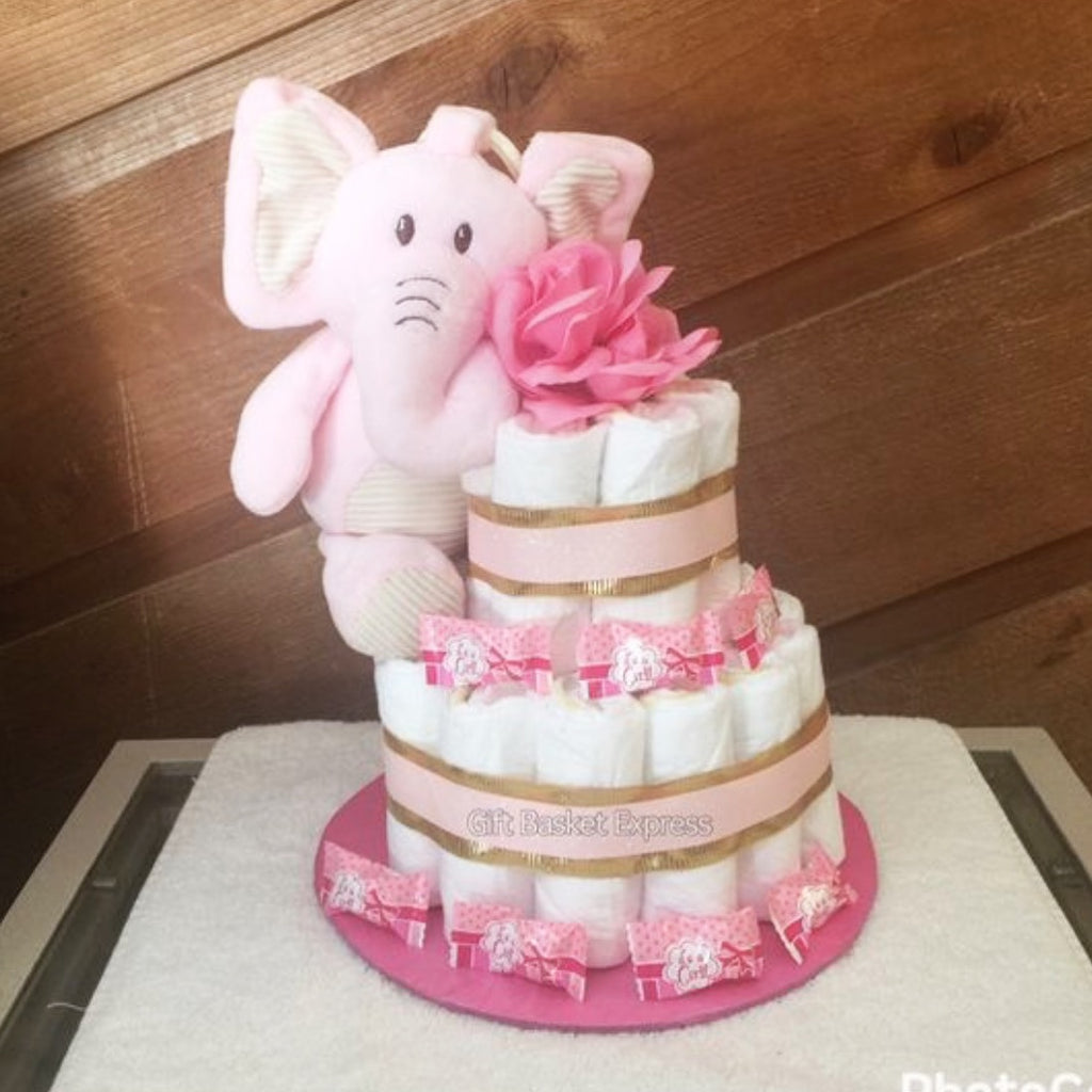 Pink & Gold Elephant Diaper Cake - 2 Tier Newborn Baby Girl Gift