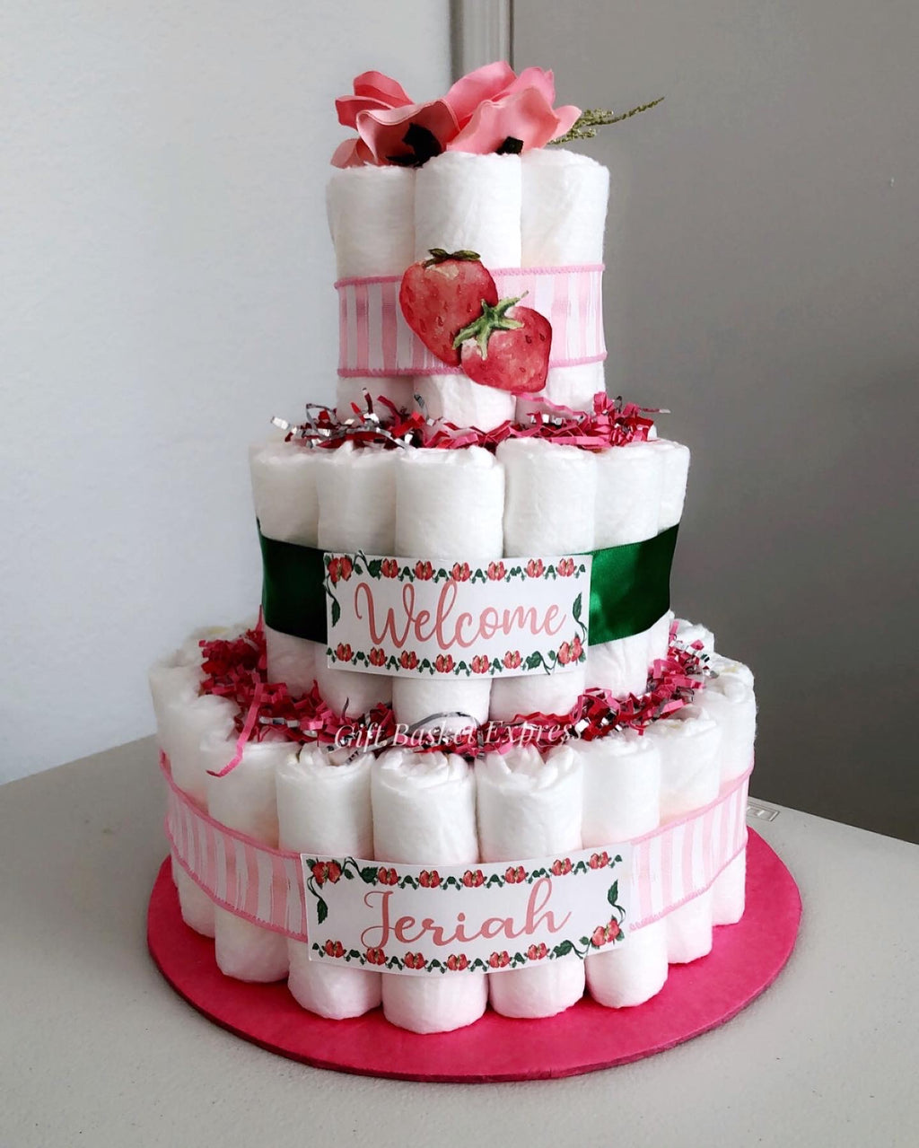 Strawberry Shortcake Themed 3 Tier Diaper Cake for Baby Girl w/ Custom Name